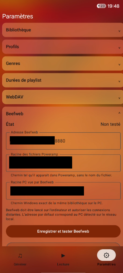 Paramètres Beefweb Android