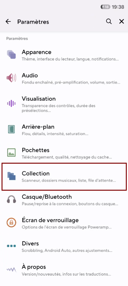 Paramètres Poweramp, section Collection