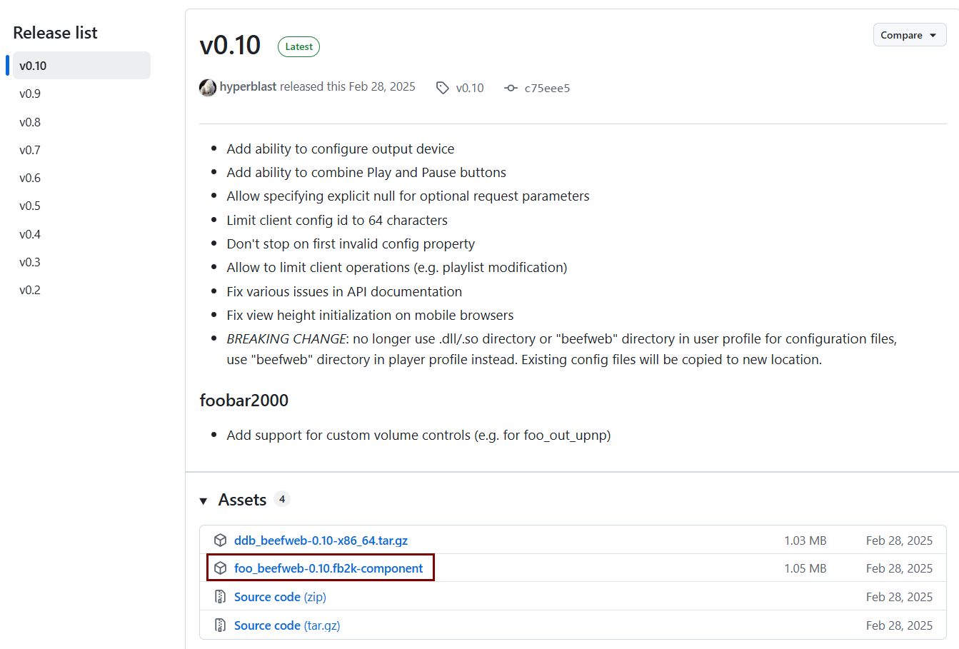 Release Beefweb et composant à télécharger