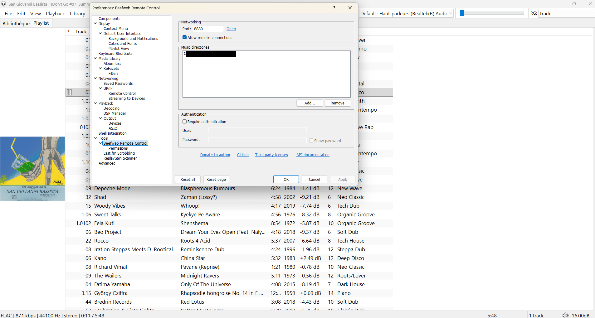 Paramètres Beefweb dans foobar2000