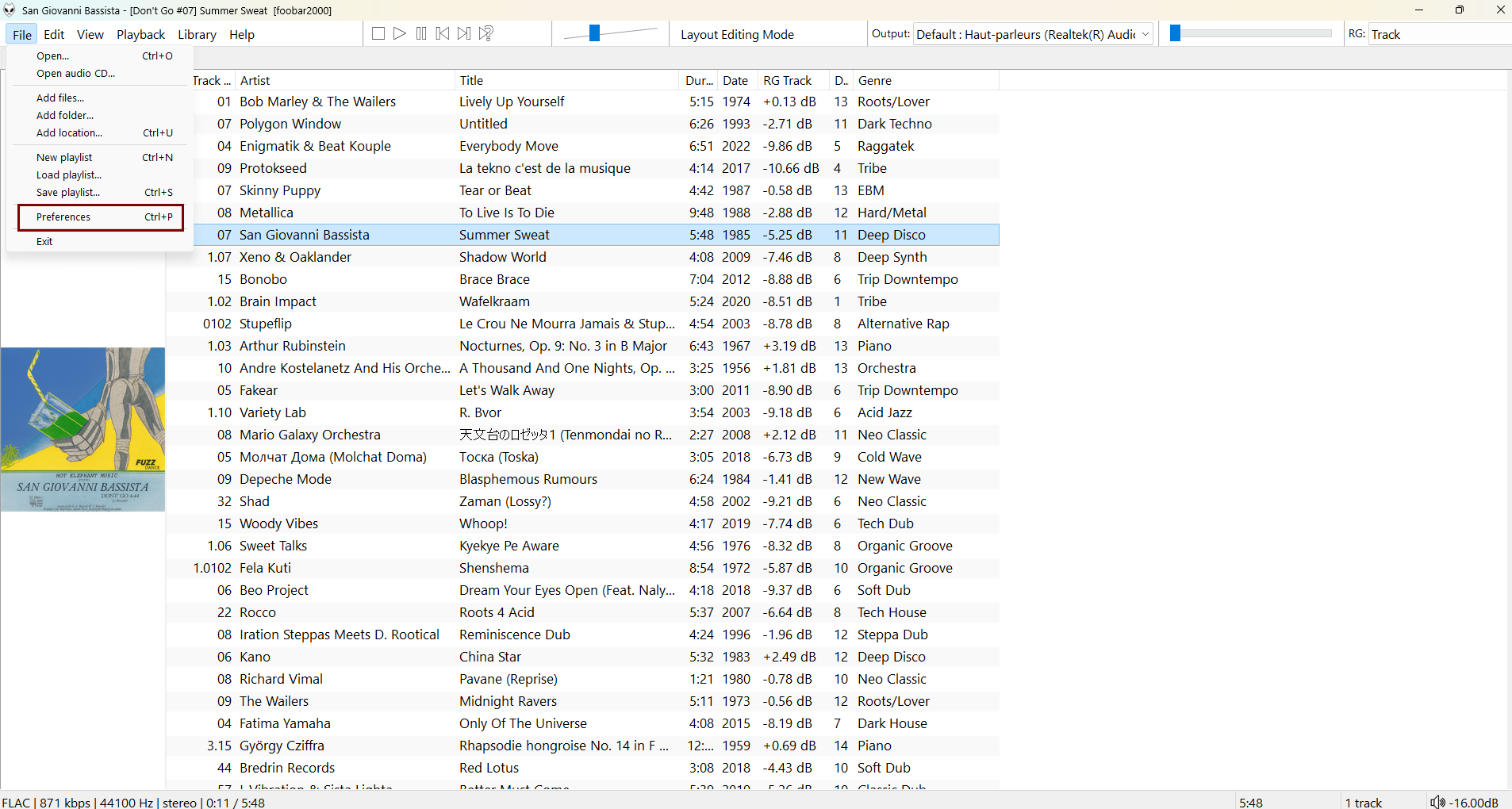 Menu Preferences de foobar2000